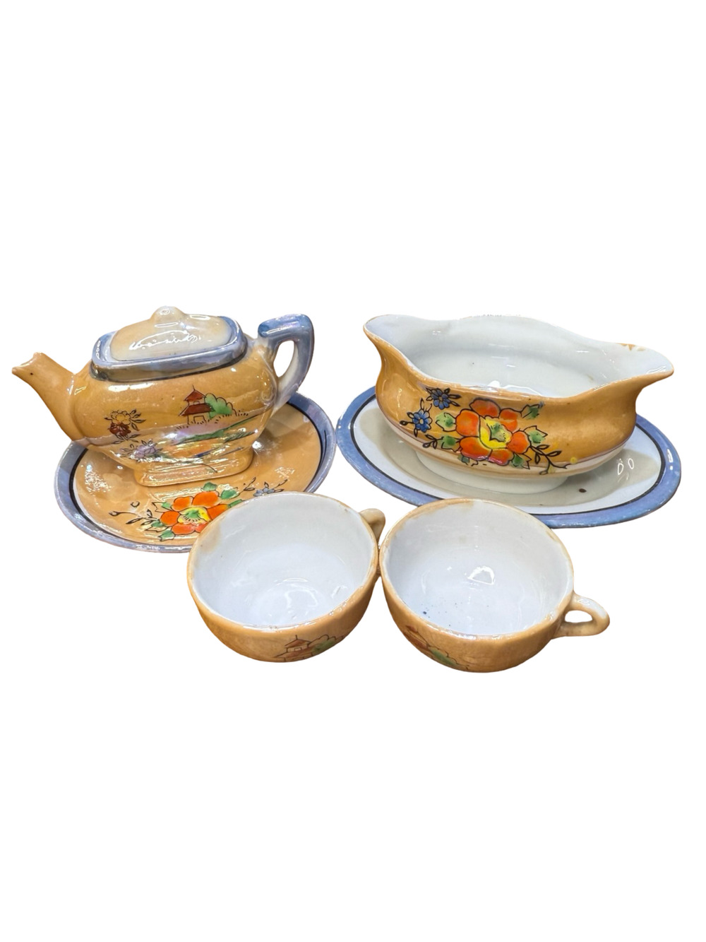 Vintage Japanese Lusterware Miniature Tea Set Hand Painted Floral